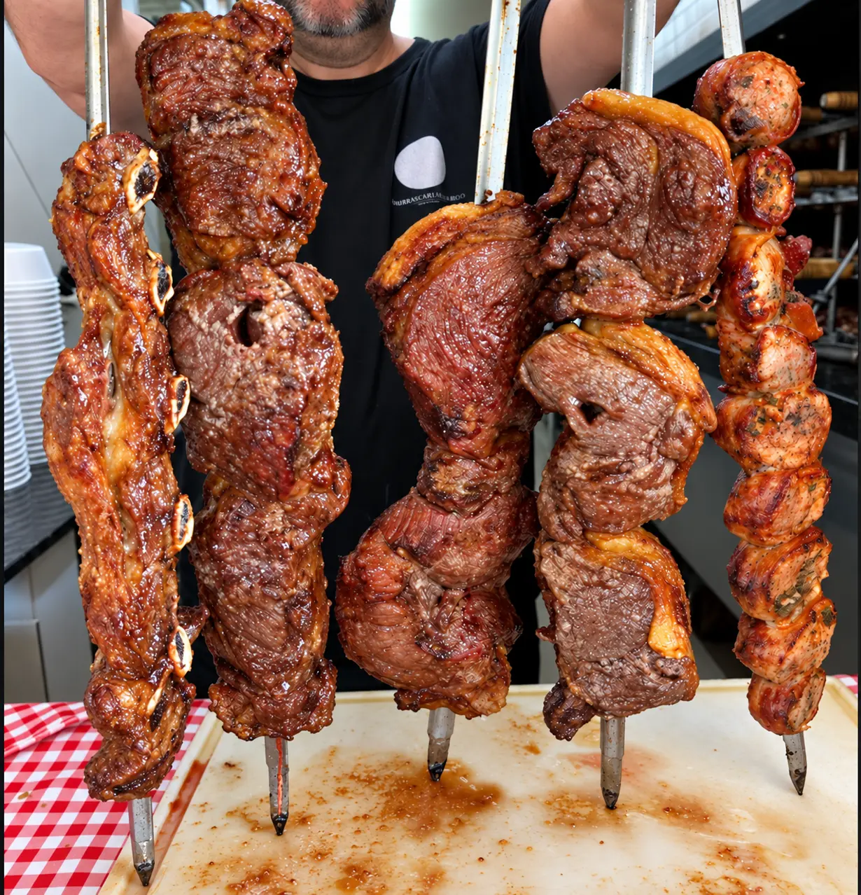 Espetos de carne servidos no espeto corrido